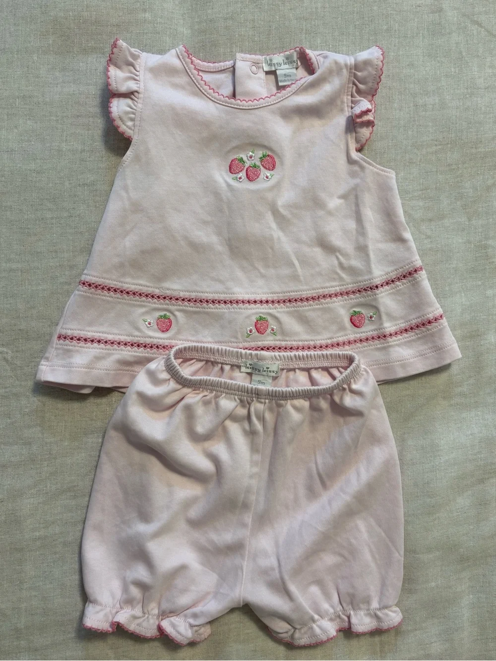 Kissy Kissy Pink Embroidered “Strawberry Essence” Sunsuit Set 9M